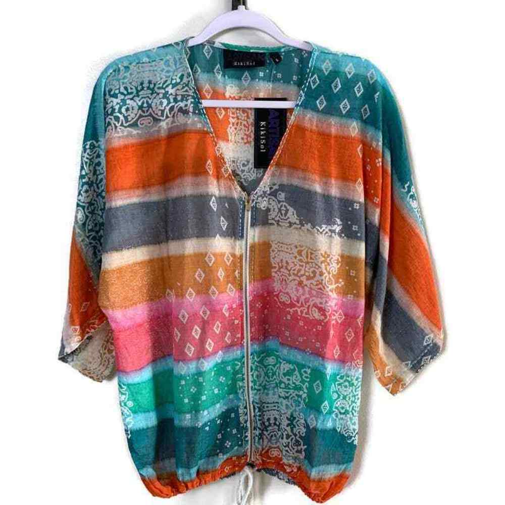 V-Neck Zipper Front Batik Print Tie Died Striped Colorful Tie Hem Top Si…